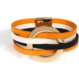 Orange White Black Charm Leather Wrap Strand Handmade Cuff Bracelets for Women